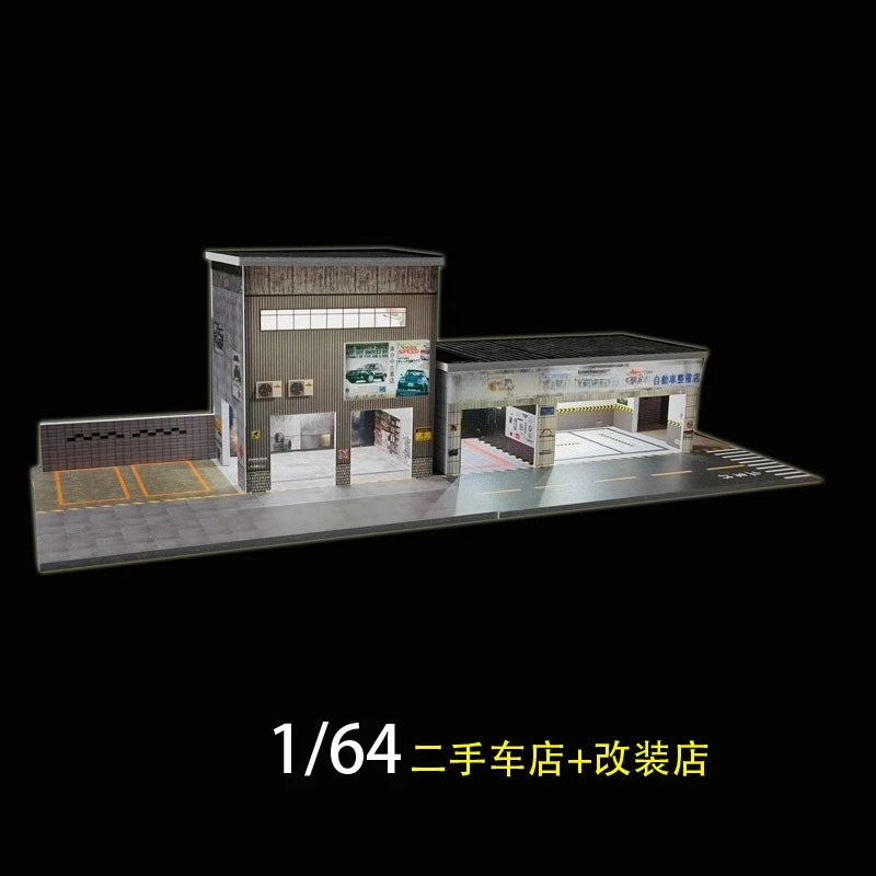 1:64 Diorama – Auto Repair Shop + Used Car Dealership with LED Lights