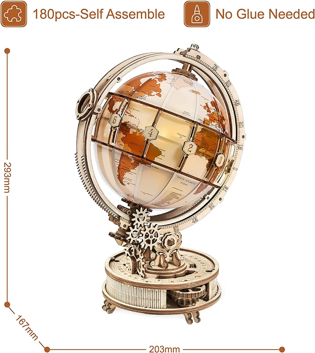 3D Wooden Globe with Magnifying Glass and Lighting
