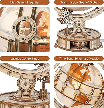 3D Wooden Globe with Magnifying Glass and Lighting