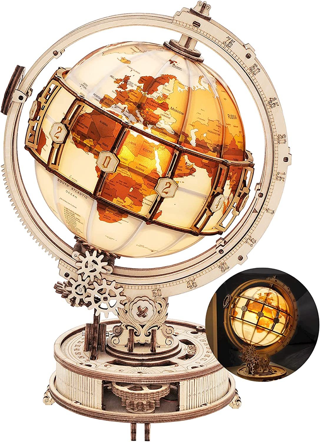 3D Wooden Globe with Magnifying Glass and Lighting
