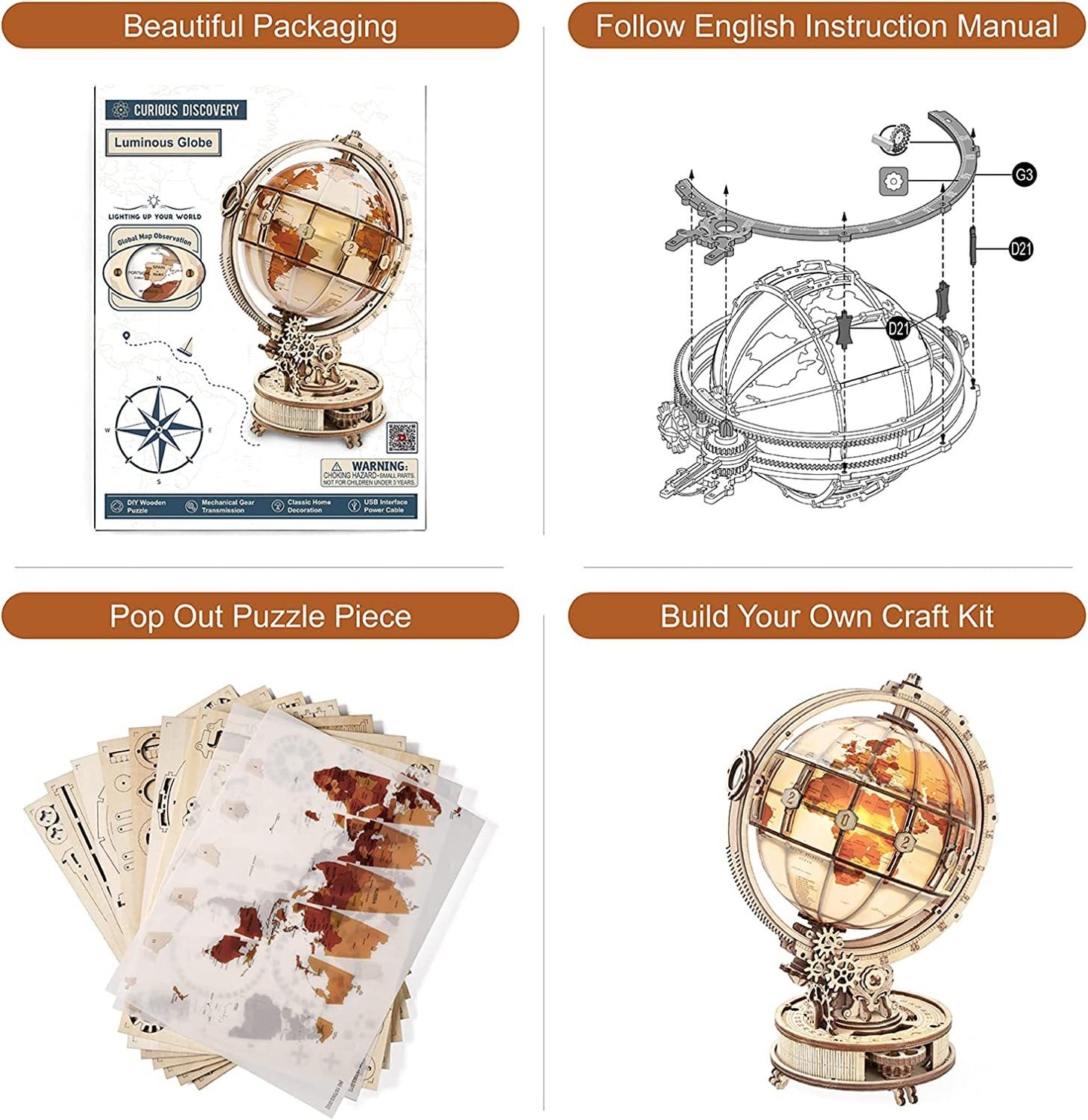 3D Wooden Globe with Magnifying Glass and Lighting