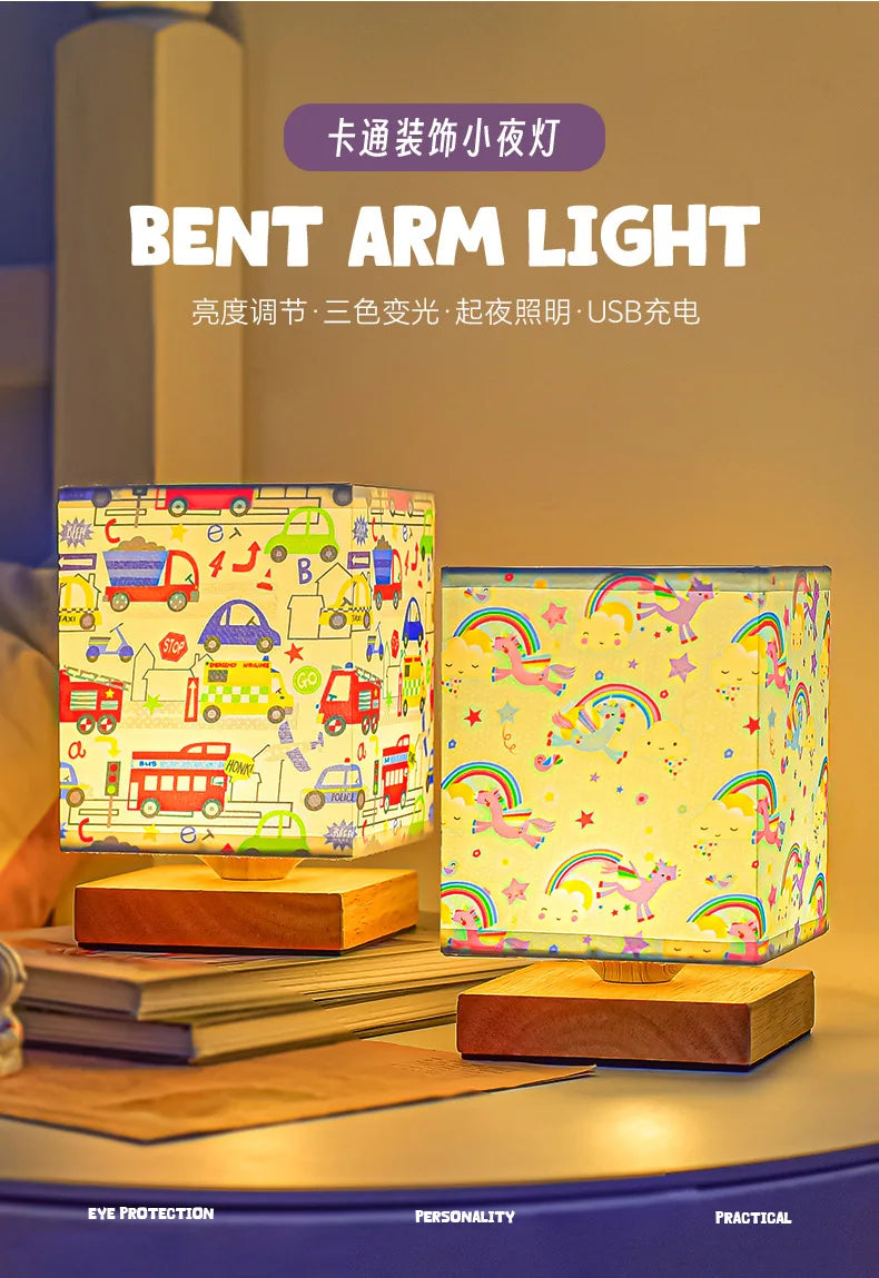 Kids Table Lamp – Cartoon Night Light with Fabric Shade & Wooden Base