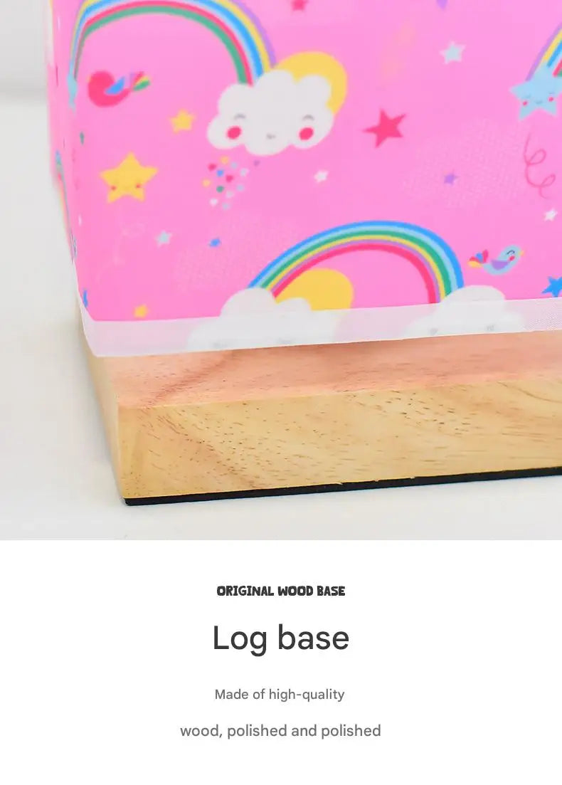 Kids Table Lamp – Cartoon Night Light with Fabric Shade & Wooden Base