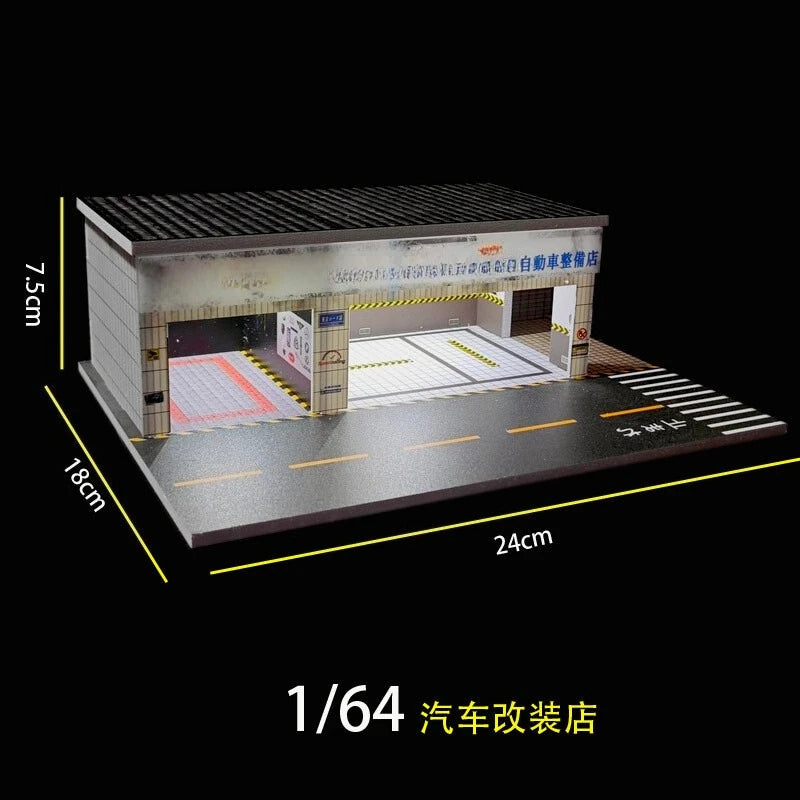 1:64 Diorama – Auto Repair Shop + Used Car Dealership with LED Lights
