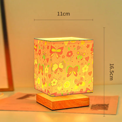 Kids Table Lamp – Cartoon Night Light with Fabric Shade & Wooden Base