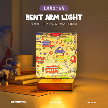 Kids Table Lamp – Cartoon Night Light with Fabric Shade & Wooden Base