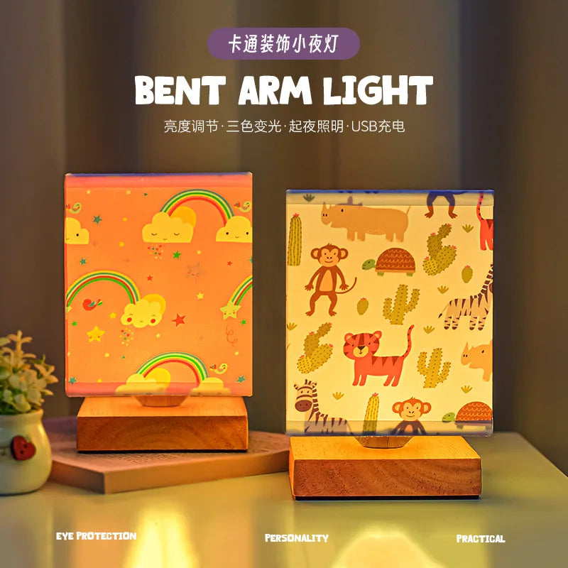 Kids Table Lamp – Cartoon Night Light with Fabric Shade & Wooden Base