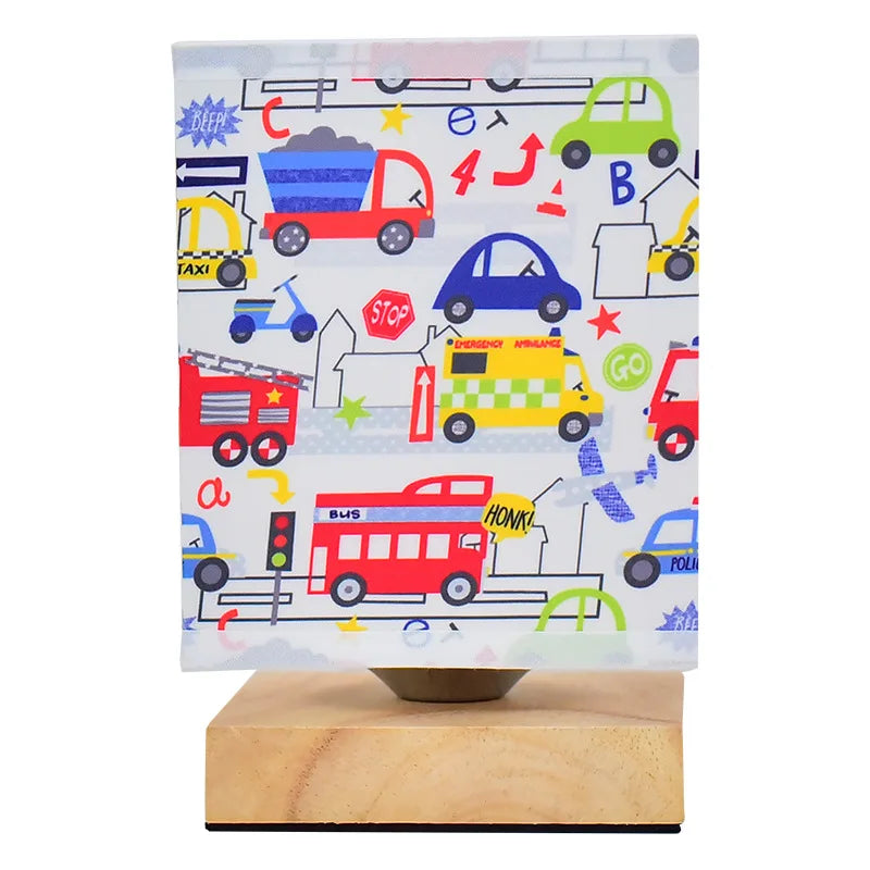 Kids Table Lamp – Cartoon Night Light with Fabric Shade & Wooden Base