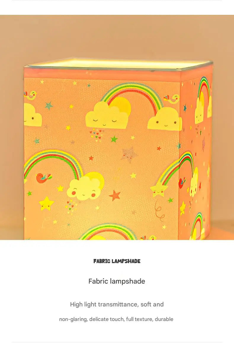 Kids Table Lamp – Cartoon Night Light with Fabric Shade & Wooden Base