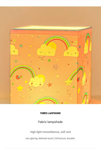 Kids Table Lamp – Cartoon Night Light with Fabric Shade & Wooden Base