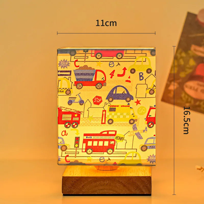 Kids Table Lamp – Cartoon Night Light with Fabric Shade & Wooden Base