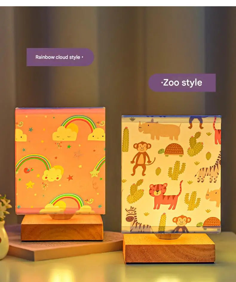 Kids Table Lamp – Cartoon Night Light with Fabric Shade & Wooden Base