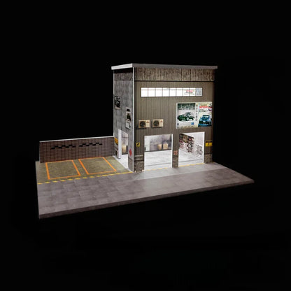 1:64 Diorama – Auto Repair Shop + Used Car Dealership with LED Lights