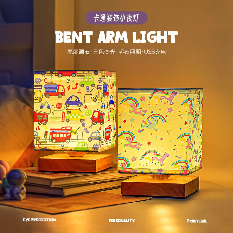 Kids Table Lamp – Cartoon Night Light with Fabric Shade & Wooden Base