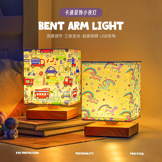 Kids Table Lamp – Cartoon Night Light with Fabric Shade & Wooden Base