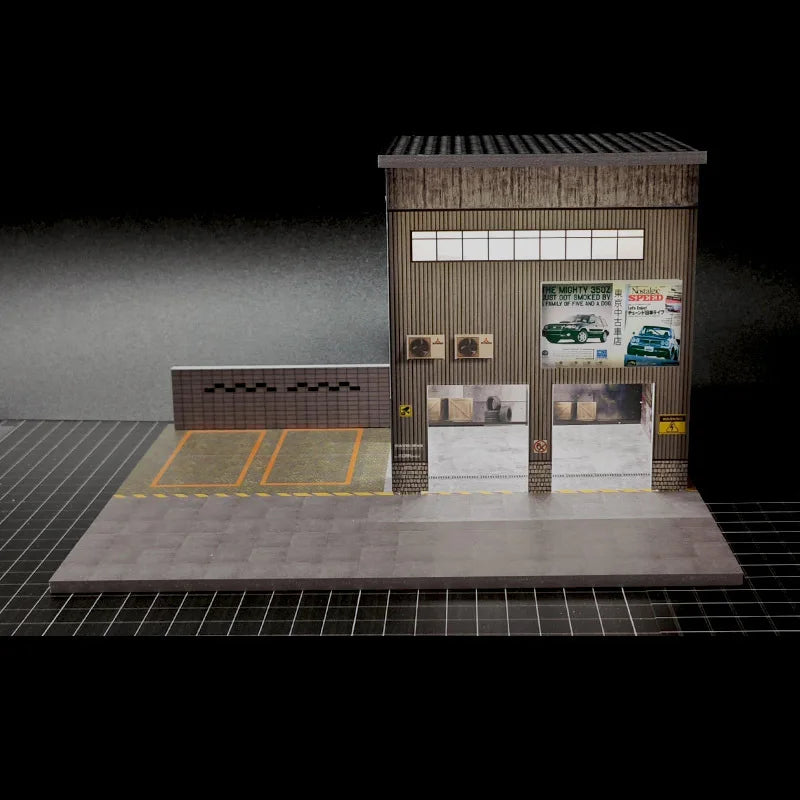 1:64 Diorama – Auto Repair Shop + Used Car Dealership with LED Lights