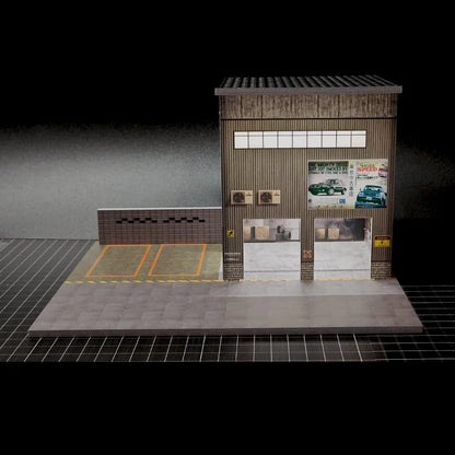 1:64 Diorama – Auto Repair Shop + Used Car Dealership with LED Lights