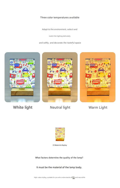 Kids Table Lamp – Cartoon Night Light with Fabric Shade & Wooden Base