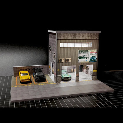 1:64 Diorama – Auto Repair Shop + Used Car Dealership with LED Lights