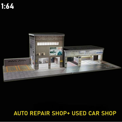1:64 Diorama – Auto Repair Shop + Used Car Dealership with LED Lights