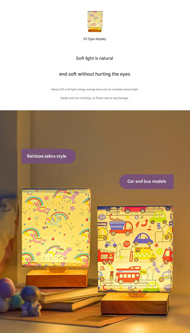 Kids Table Lamp – Cartoon Night Light with Fabric Shade & Wooden Base