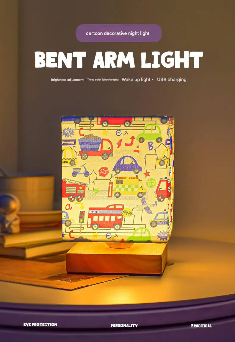 Kids Table Lamp – Cartoon Night Light with Fabric Shade & Wooden Base