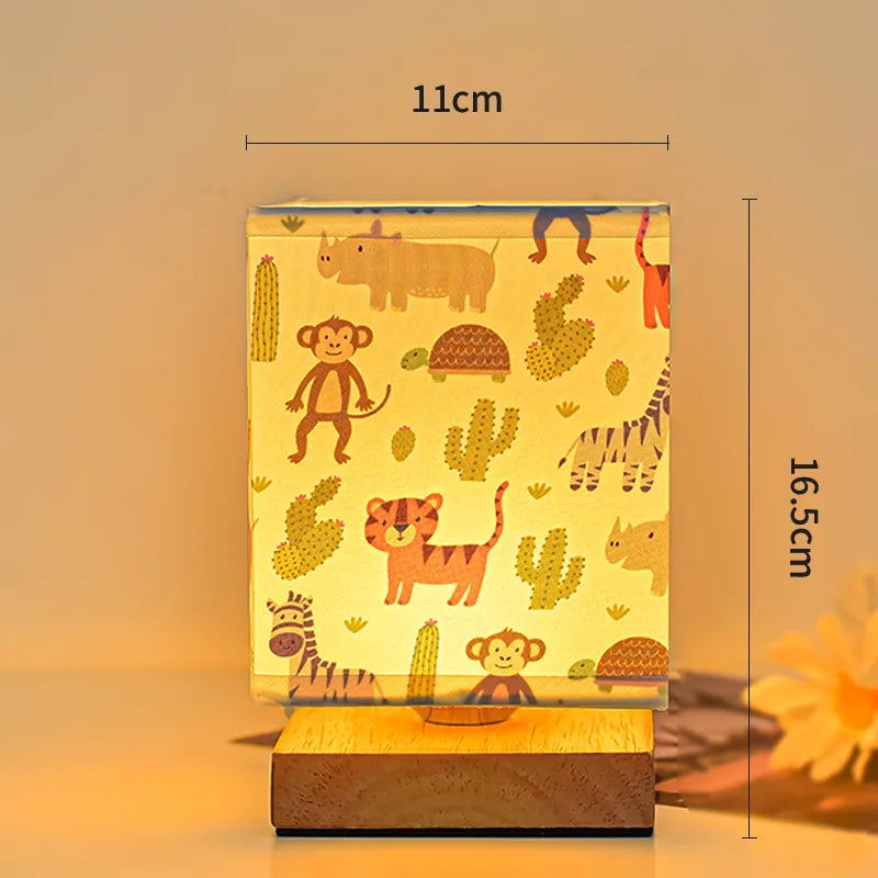 Kids Table Lamp – Cartoon Night Light with Fabric Shade & Wooden Base