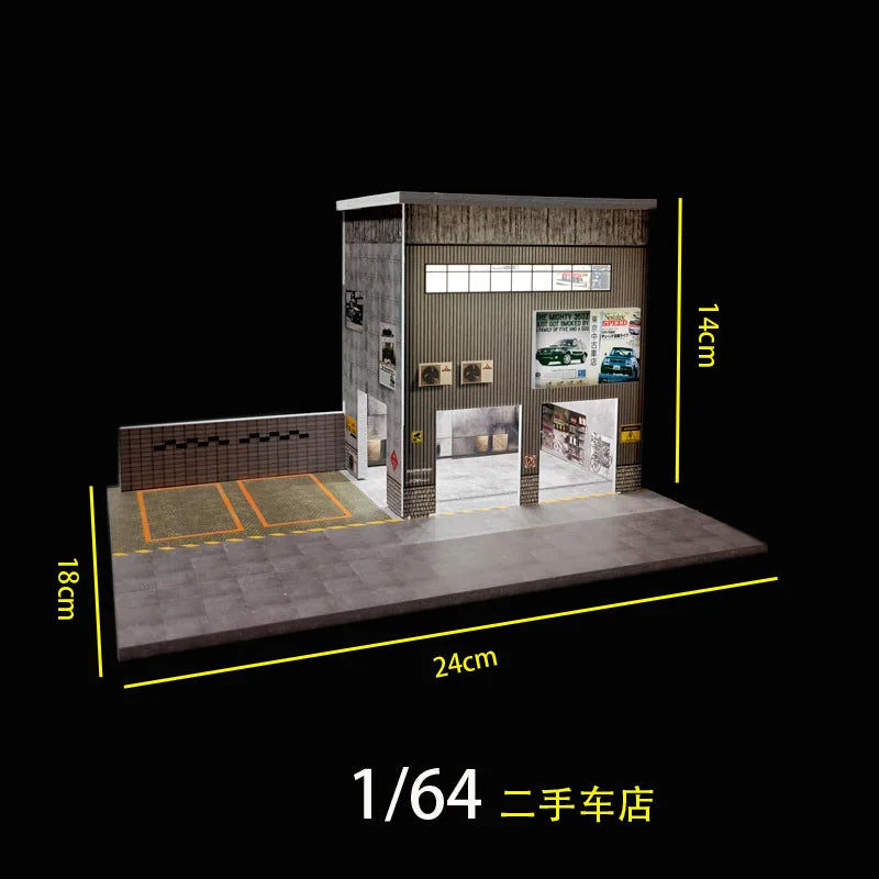 1:64 Diorama – Auto Repair Shop + Used Car Dealership with LED Lights