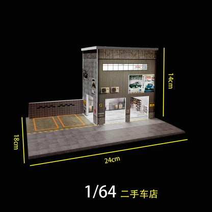 1:64 Diorama – Auto Repair Shop + Used Car Dealership with LED Lights