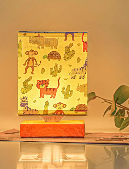 Kids Table Lamp – Cartoon Night Light with Fabric Shade & Wooden Base