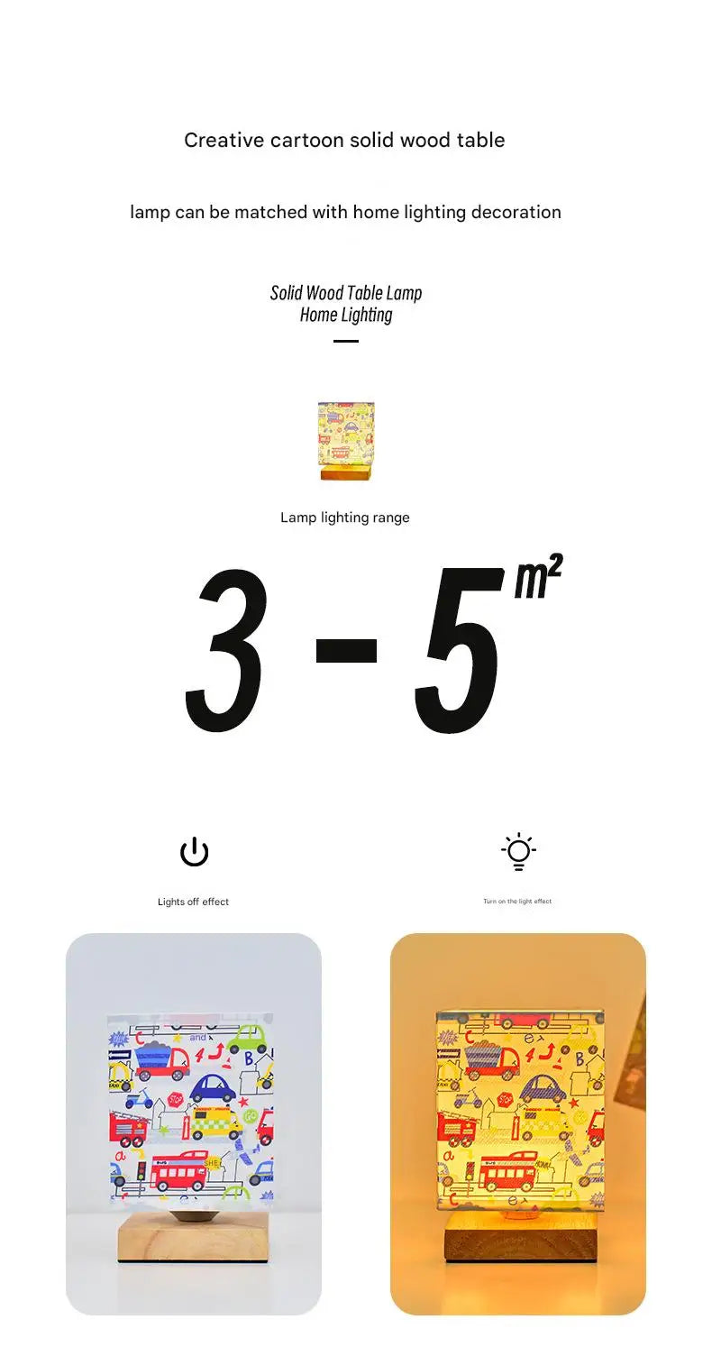 Kids Table Lamp – Cartoon Night Light with Fabric Shade & Wooden Base