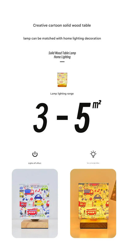 Kids Table Lamp – Cartoon Night Light with Fabric Shade & Wooden Base