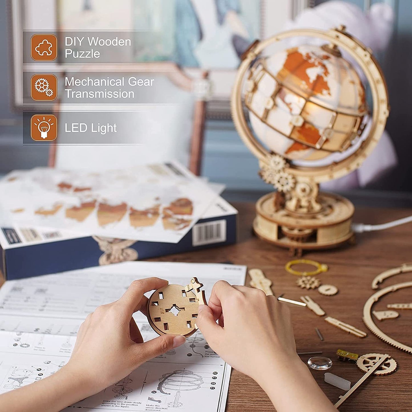 3D Wooden Globe with Magnifying Glass and Lighting